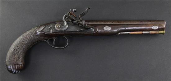 A George III flintlock holster pistol, by Bennett, c.1785, 14.5in.